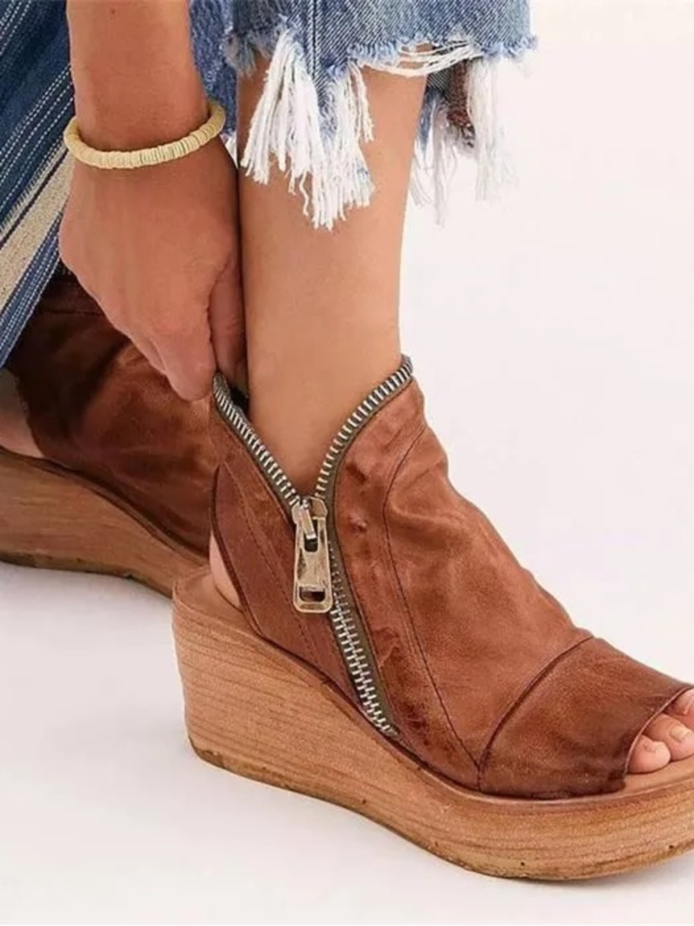 A.S.98 Naylor Tan Leather Platform Wedge Sandals